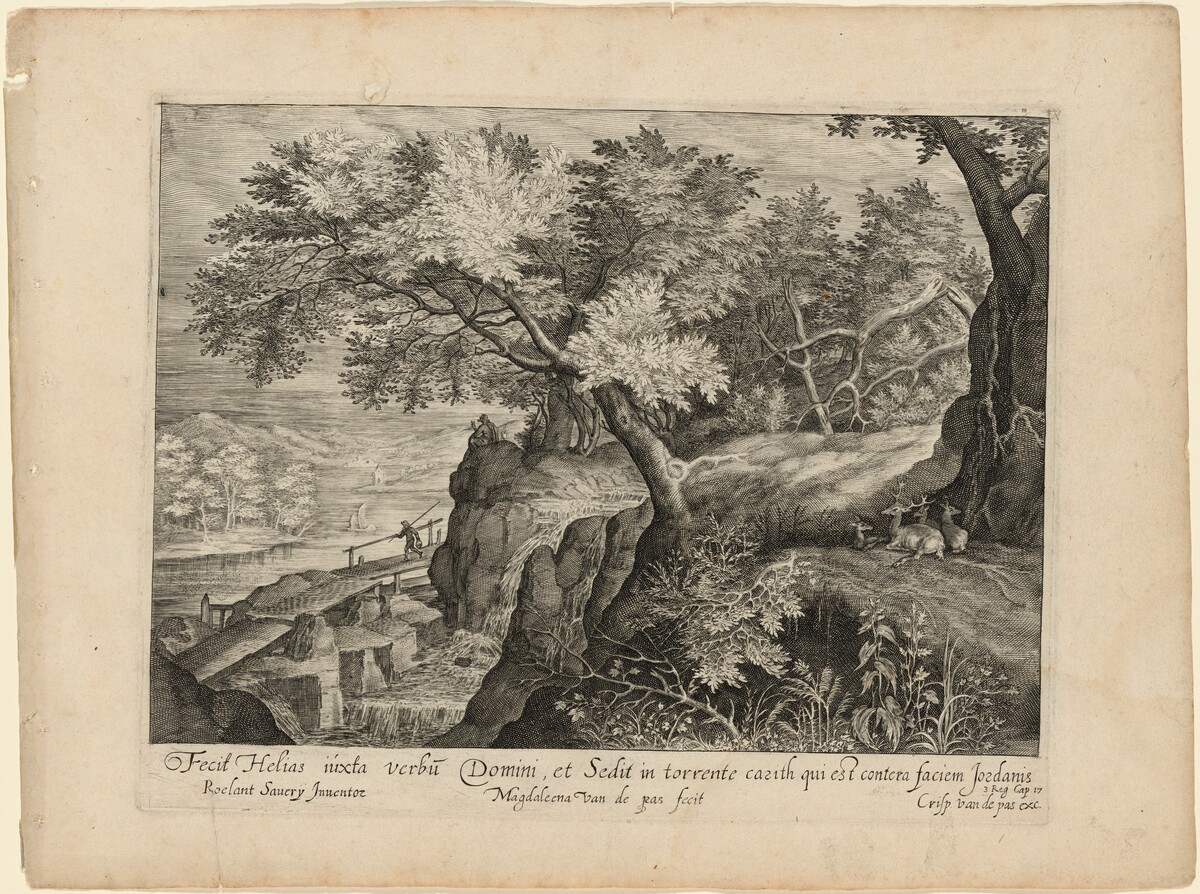 Landscape with Elijah Perching on a Rocky Outcrop in the Distance by Magdalena van de Passe, after Roelandt Savery and Adam Willaerts