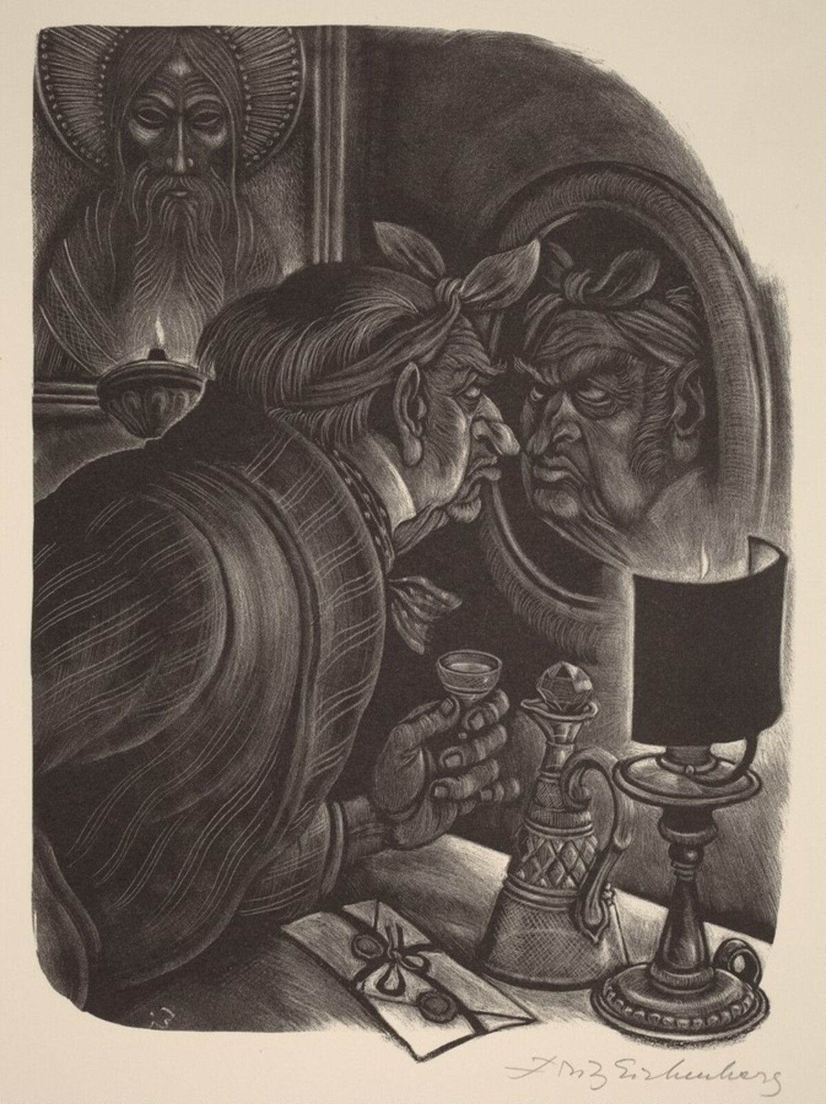 Fyodor Pavlovich Examines His Bruises (Book VIII: Mitya, facing p.308) by Fritz Eichenberg