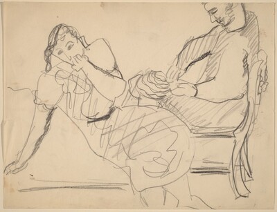 Seated Woman Leaning to Left, Man in Chair behind Her