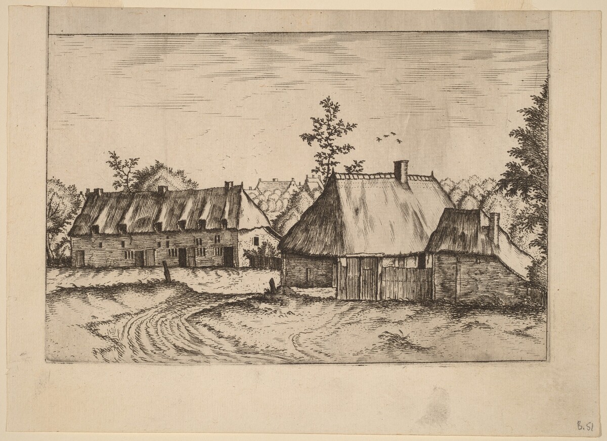 Farm and Row of Houses by Johannes van Doetechum, the Elder and Lucas van Doetechum after Master of the Small Landscapes