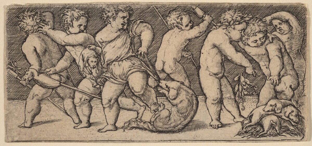 Children Playing with a Bitch and Three Young Dogs by Master of the Horse Heads