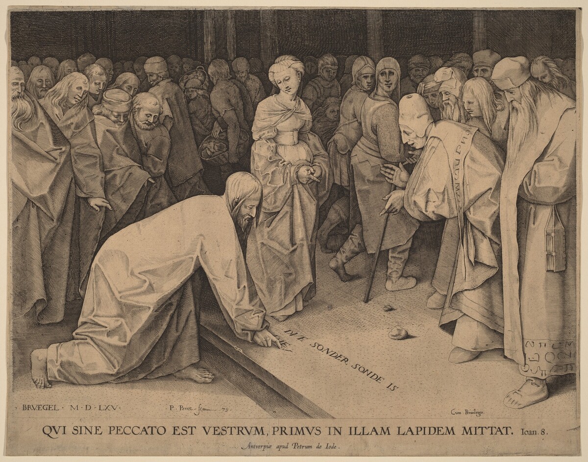 Christ and the Adultress by Pieter Perret after Pieter Bruegel the Elder