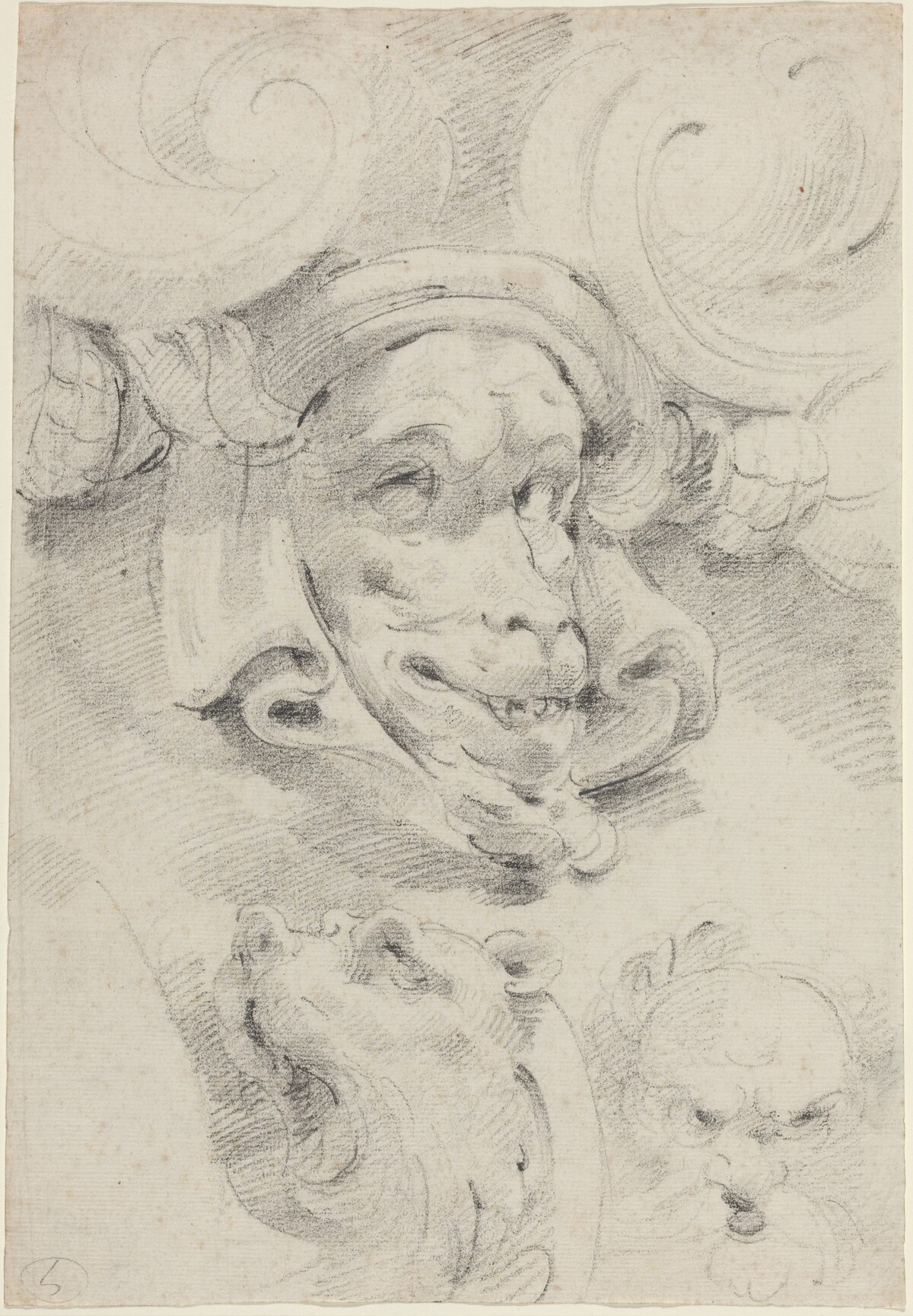 Ornamental Sketches with Grotesque Masks by Pierre Puget