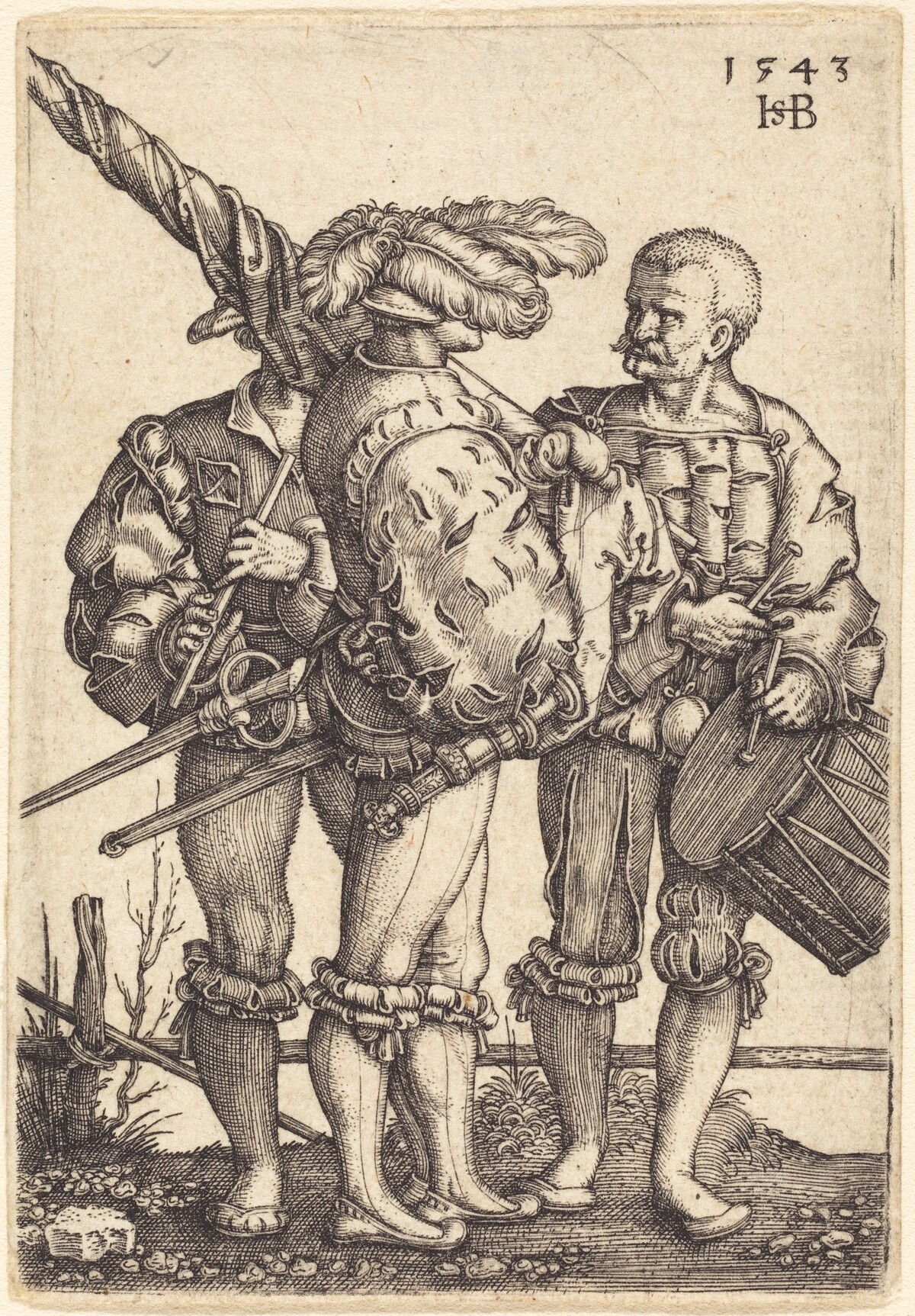 Standard Bearer, Drummer, and Piper by Sebald Beham, after Barthel Beham