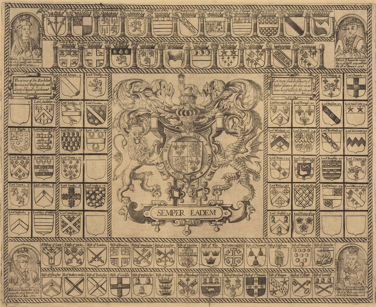 Coats of Arms with Corner Portraits of Henry VII, Henry VIII, Edward VI, and Mary by English 16th Century