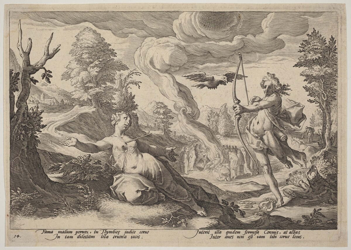 Apollo Killing Coronis by Workshop of Hendrick Goltzius, after Hendrick Goltzius