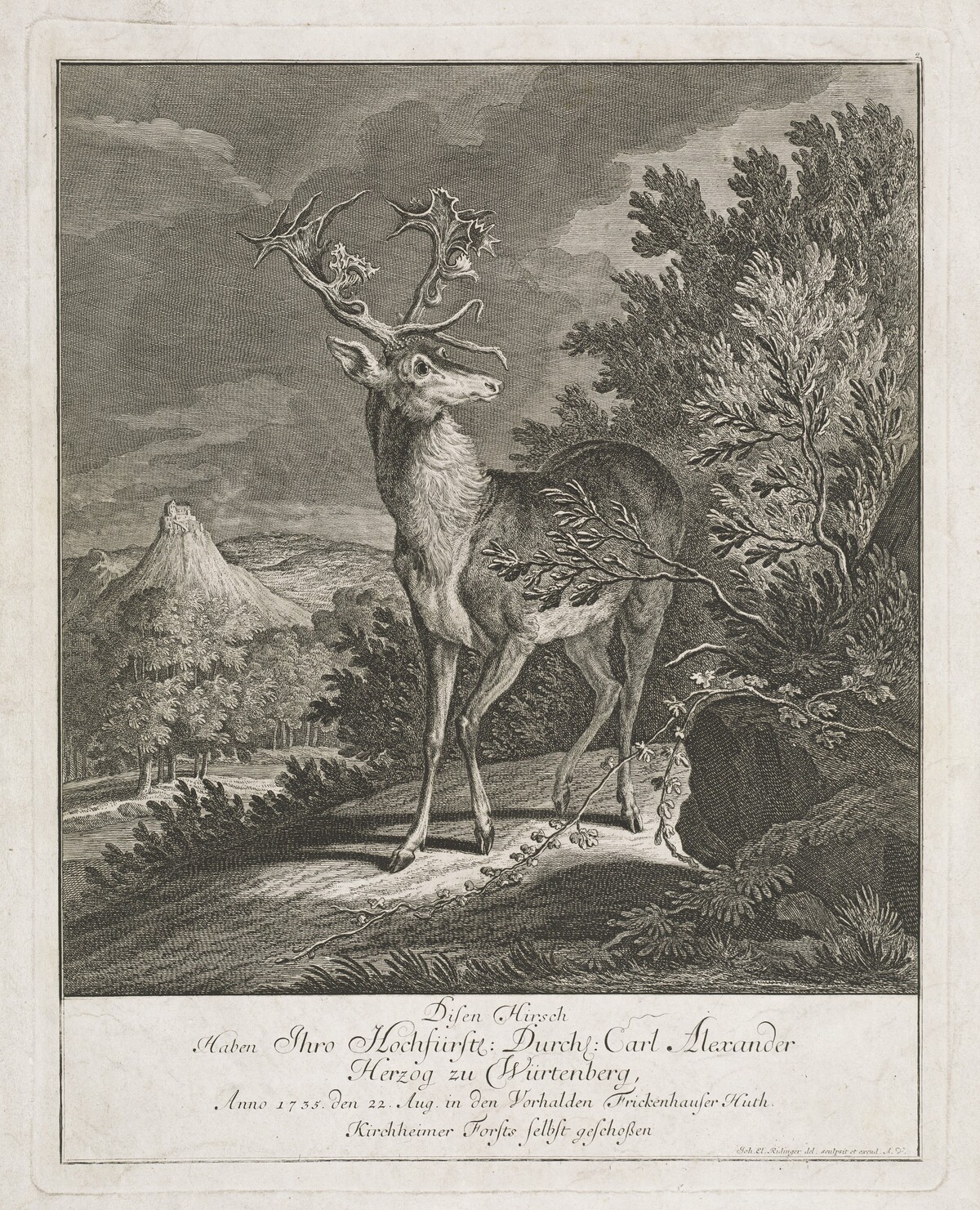 A Magnificent Stag in a Landscape by Johann Elias Ridinger