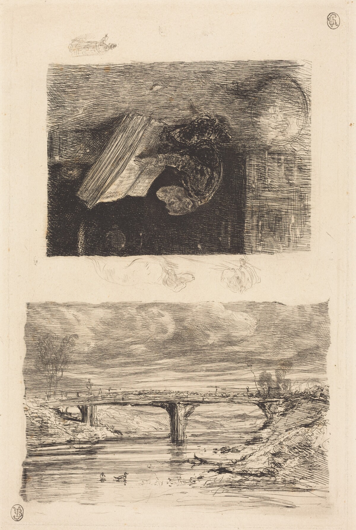 River Landscape with a Bridge; Monkey Paging through a Book by Alexandre-Gabriel Decamps
