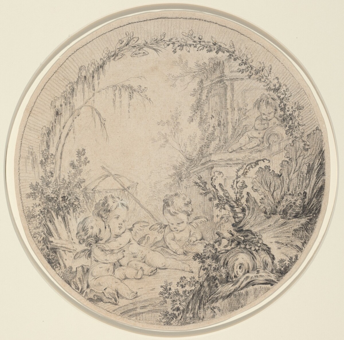 Three Putti with a Fishing Net by Attributed to Charles Eisen