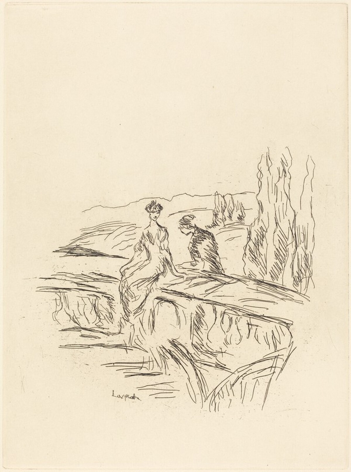 Woman Sitting on a Balustrade with Another Figure by Pierre Laprade