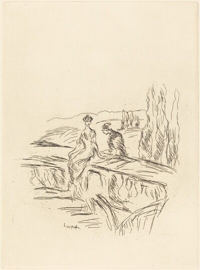 Woman Sitting on a Balustrade with Another Figure