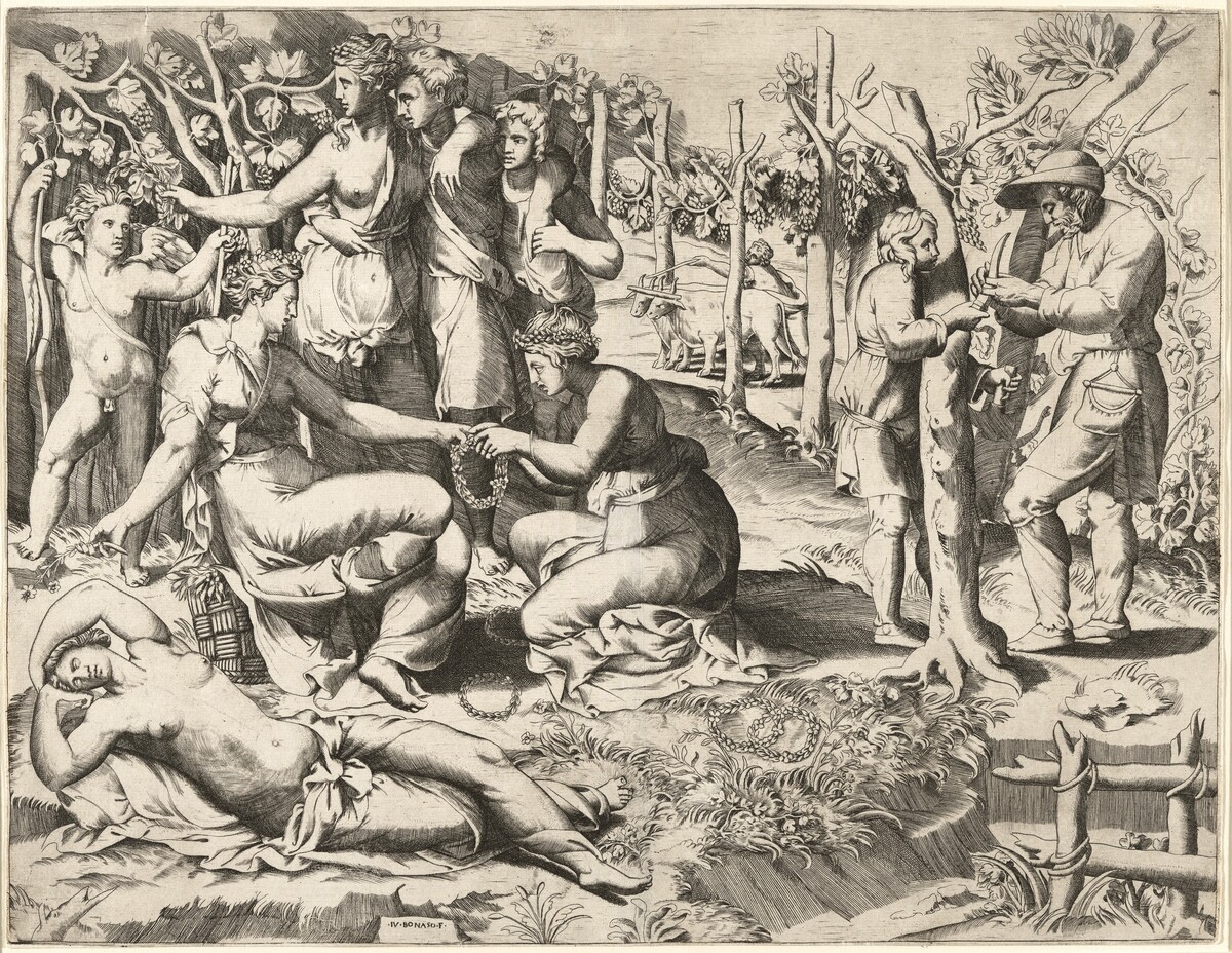 Flora and Her Nymphs by Giulio Bonasone, after Giulio Romano