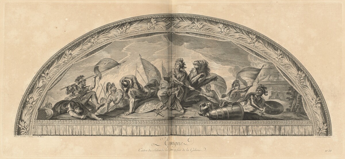 L'Espagne Cintre du Salon de la Guerre en face de la Galerie (Spain, Center of the Salon of War Opposite the Gallery) [pl. 38] by Jean-Baptiste Massé (designer) and Charles Dupuis (engraver) after Charles Le Brun