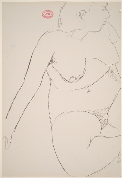 Untitled [seated female nude leaning on right arm and looking right]