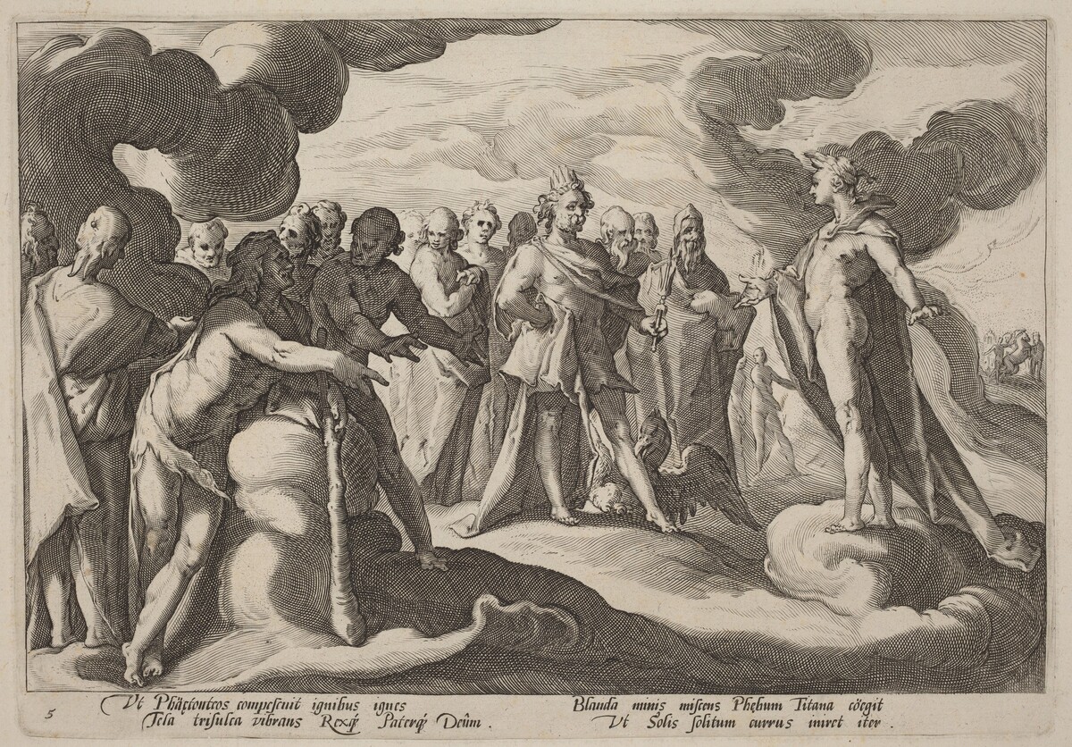 Jupiter and the Gods Asking Helios to Resume Control of the Chariot by Workshop of Hendrick Goltzius, after Hendrick Goltzius