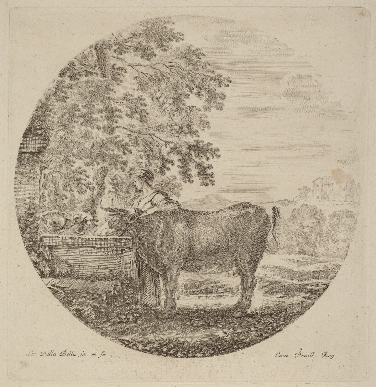 Cow and Young Shepherd at a Fountain by Stefano Della Bella