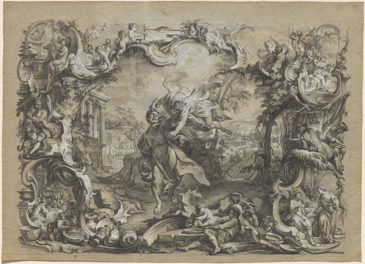 The Angel Carrying off Habakkuk by His Hair, Surrounded by an Elaborate Rococo Frame by Johann Wolfgang Baumgartner