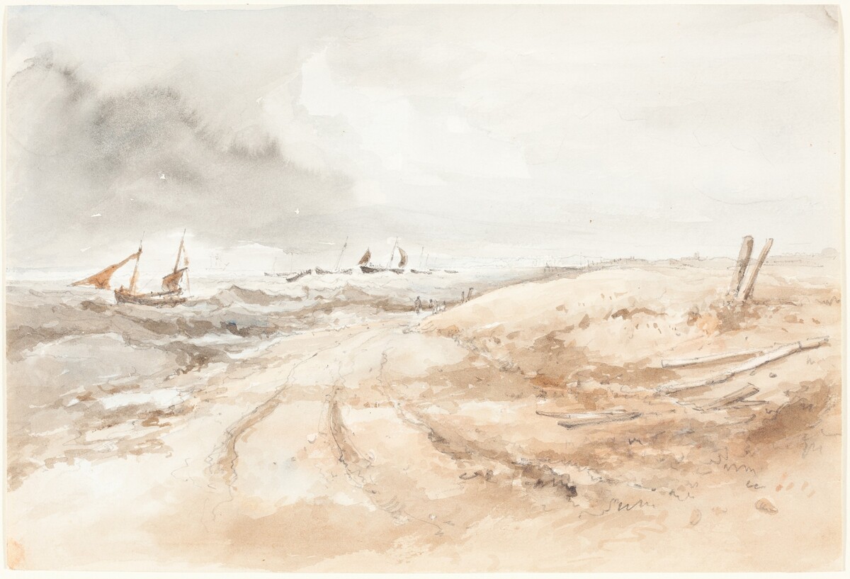 Shore Scene with Boats in Choppy Water by British 19th Century