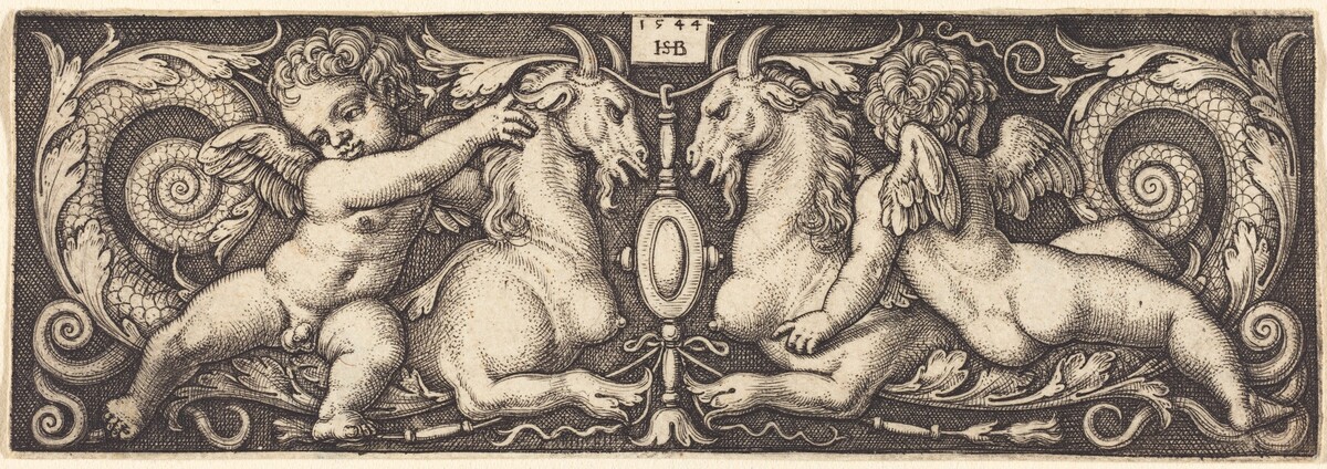 Ornament with Two Genii Riding on Two Chimeras by Sebald Beham