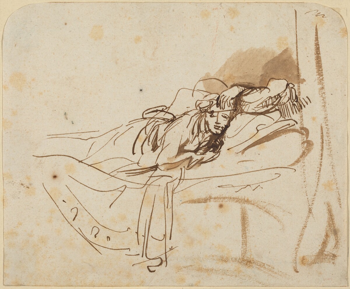 Saskia(?) Lying in Bed by Workshop of Rembrandt van Rijn