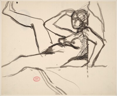 Untitled [reclining female nude with back to wall and leg raised]