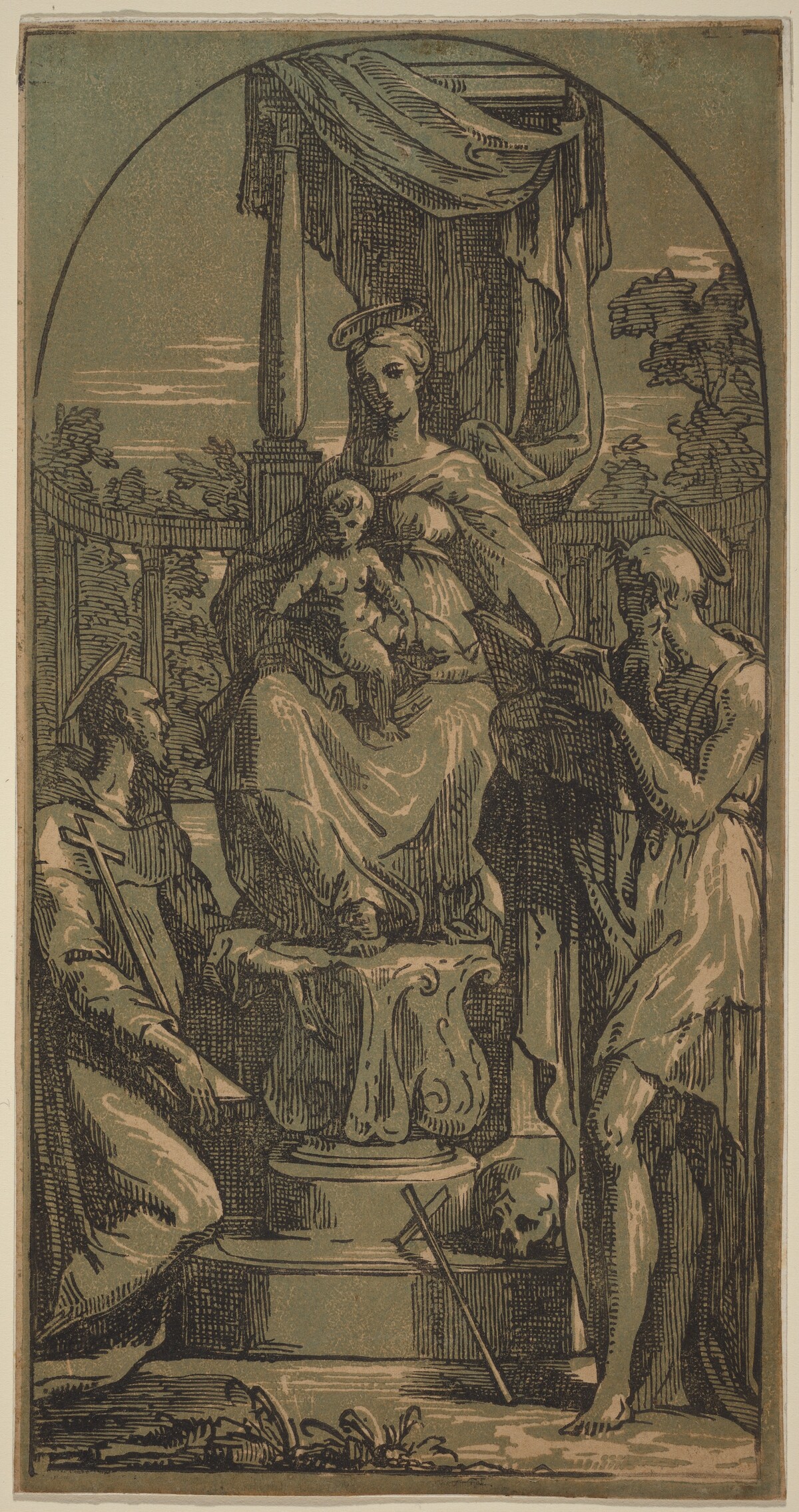 Madonna and Child Enthroned, Saint Jerome and Saint Francis by Anton Maria Zanetti I, after Parmigianino