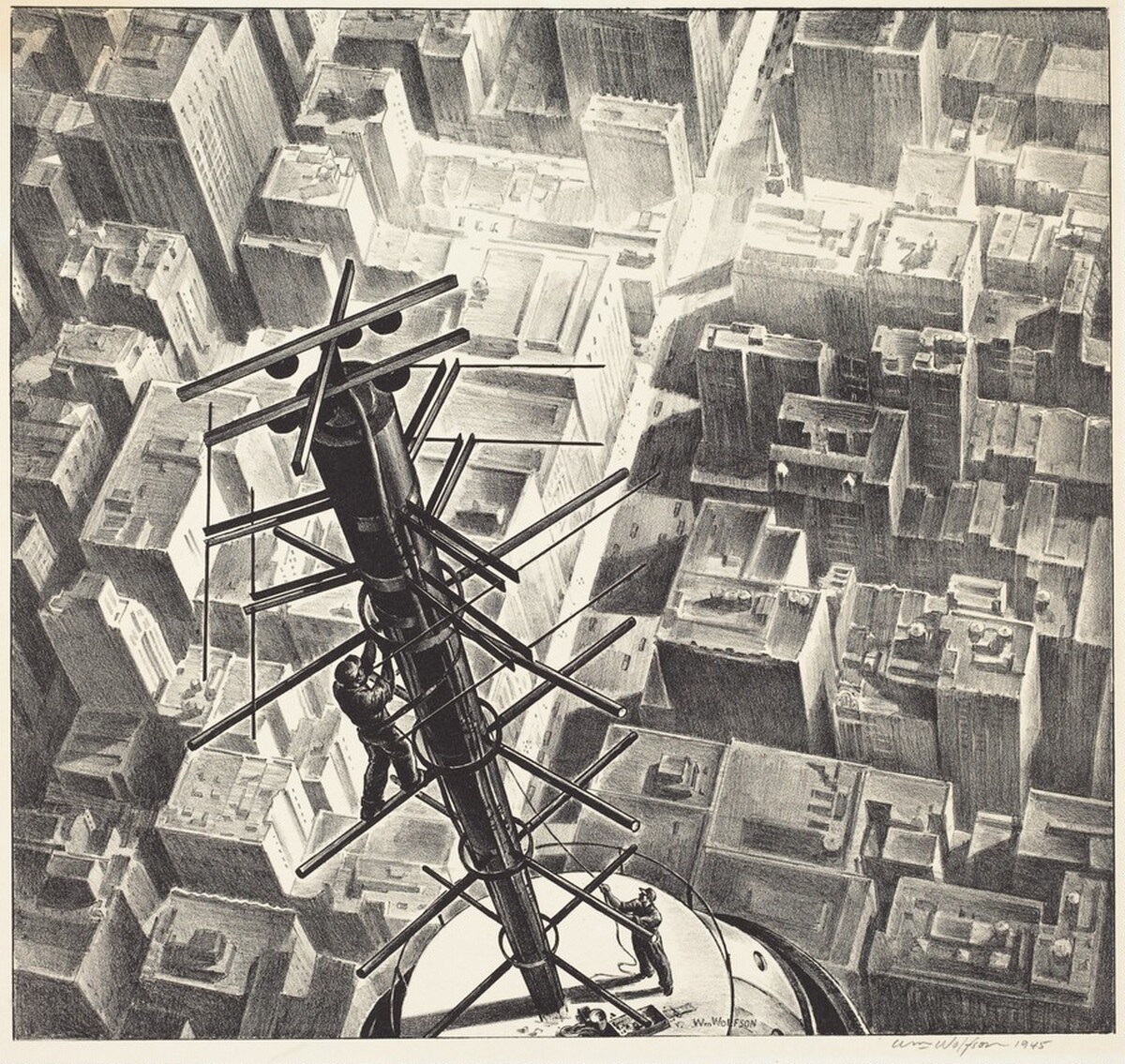 Men Atop Manhattan Skyscraper by William Wolfson
