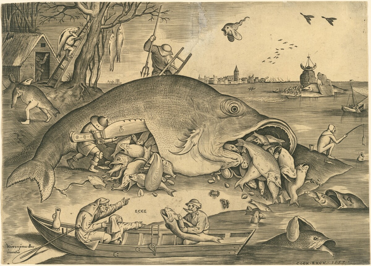 The Big Fish Eat the Little Fish by Pieter van der Heyden after Pieter Bruegel the Elder (after Hieronymus Bosch?)