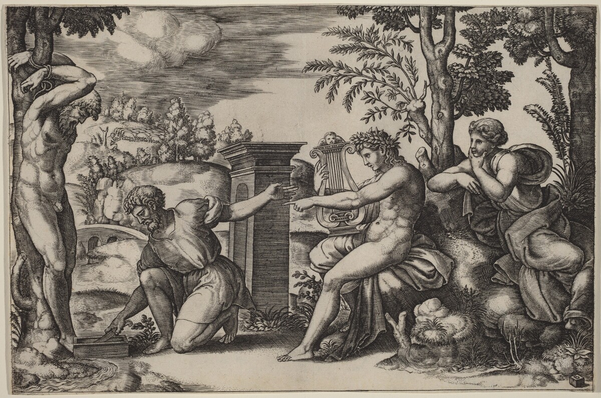 Apollo and Marsyas by Master of the Die after Raphael