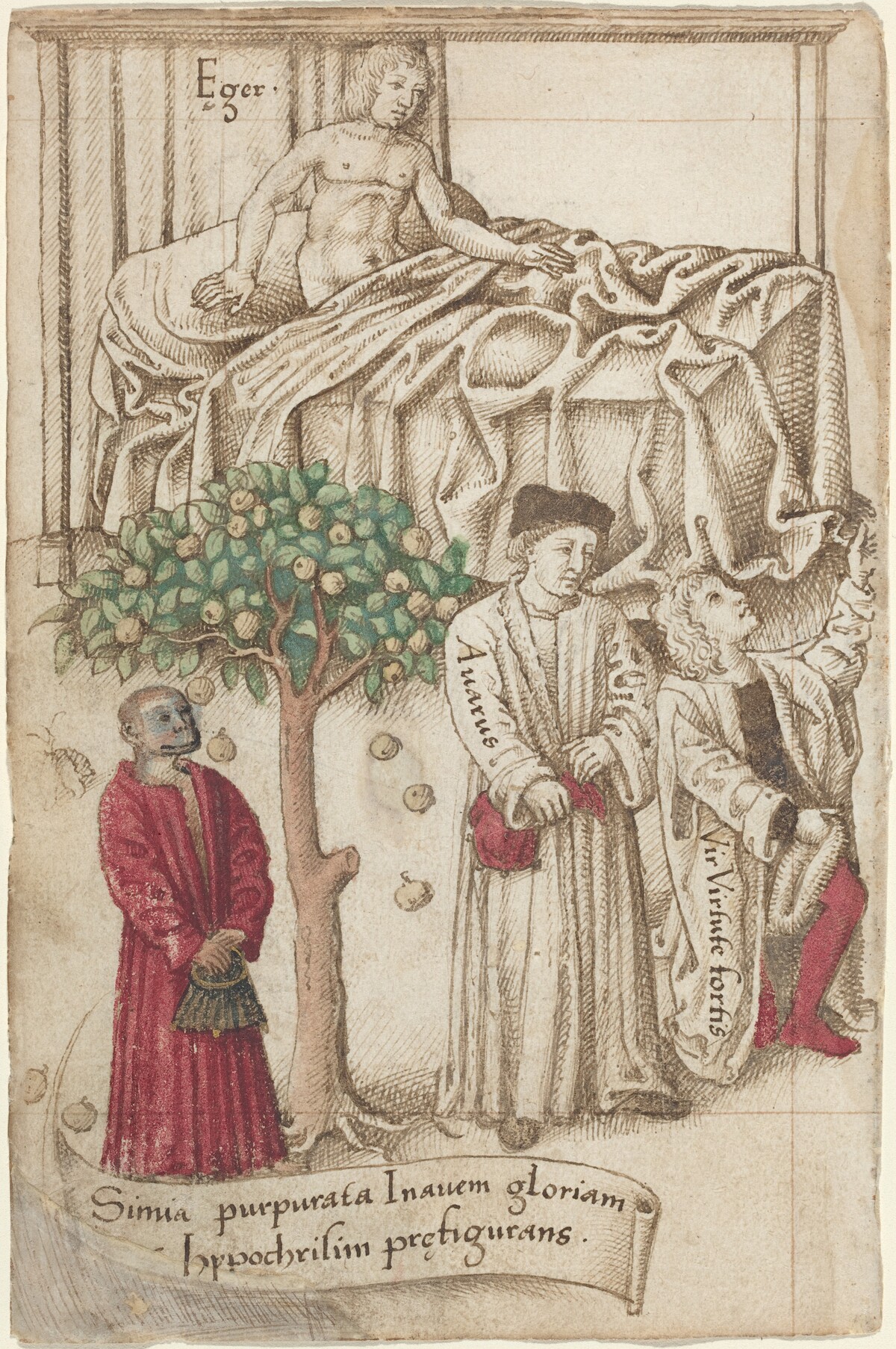 An Ape in Purple with a Sick Man, a Good Man, and a Miser [fol. 36 verso] by French early 16th Century