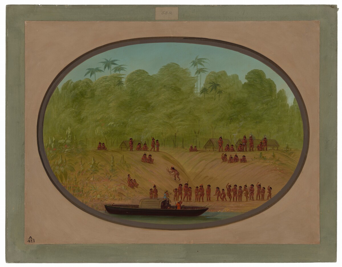 An Omagua Village - Boat Sketch by George Catlin