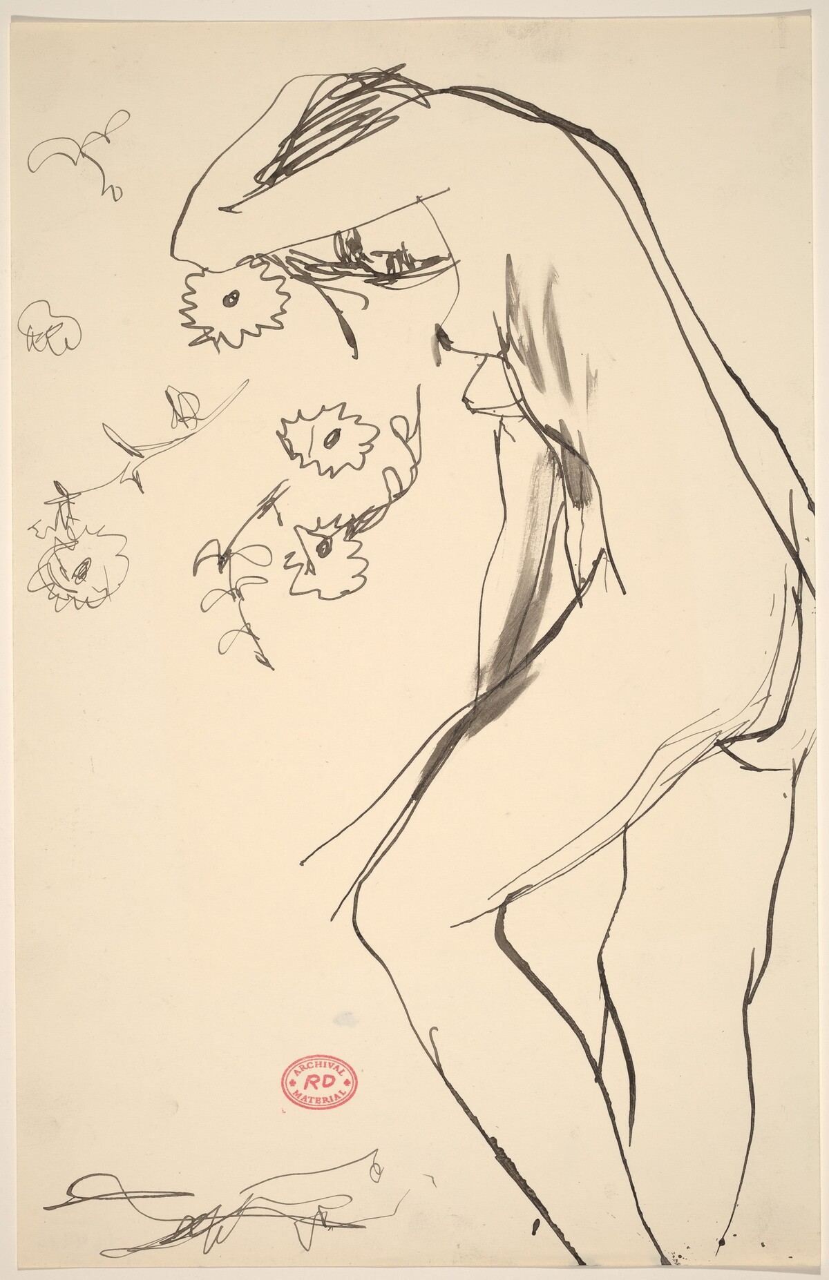 Untitled [standing female nude leaning into a floral pattern] by Richard Diebenkorn