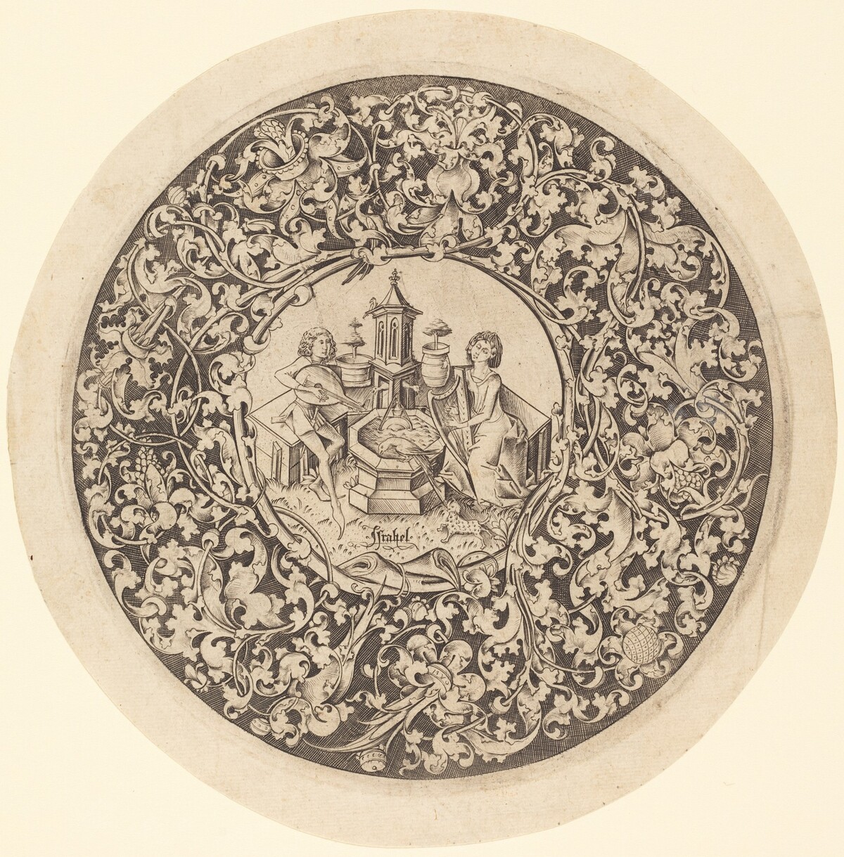 Circular Ornament with Musicians Playing near a Well by Israhel van Meckenem