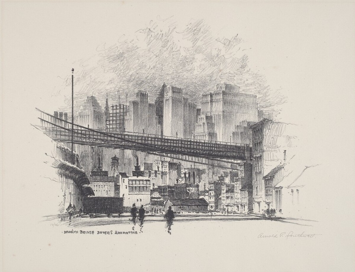 Brooklyn Bridge Enters Manhattan by Arnold R. Southwell