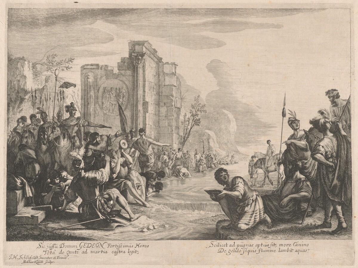 Gideon Selects His Army at the River Jordan by Melchior Küsel, after Johann Heinrich Schönfeld