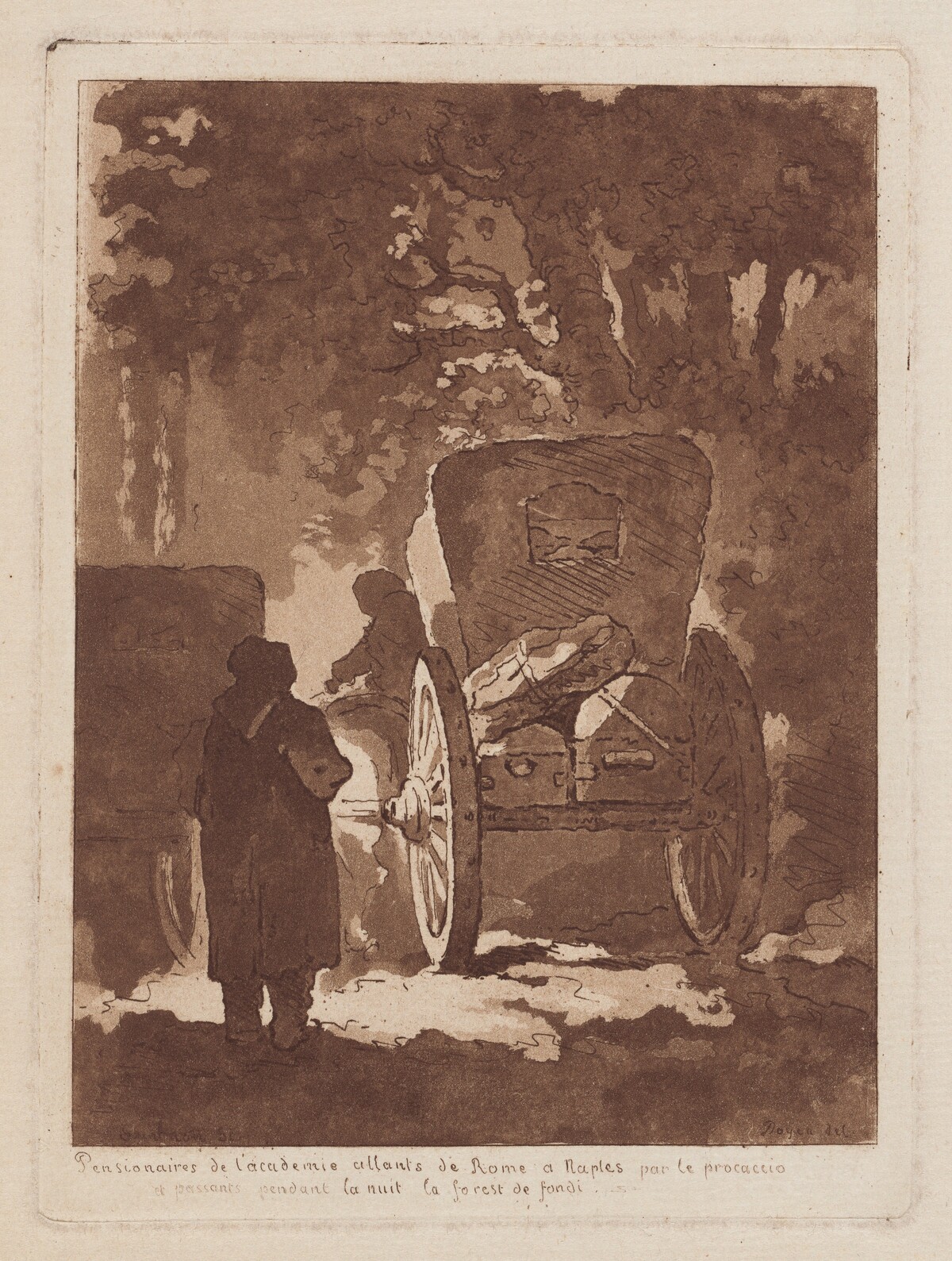Pensionnaires de l’Académie allants de Rome à Naples par le procaccio et passants pendant la nuit la forest de fondi (Pensionnaires from the French Academy Going from Rome to Naples by Carriage and Passing through a Forest in Fondi during the Night)
 by Jean-Claude-Richard, Abbé de Saint-Non, after Gabriel François Doyen