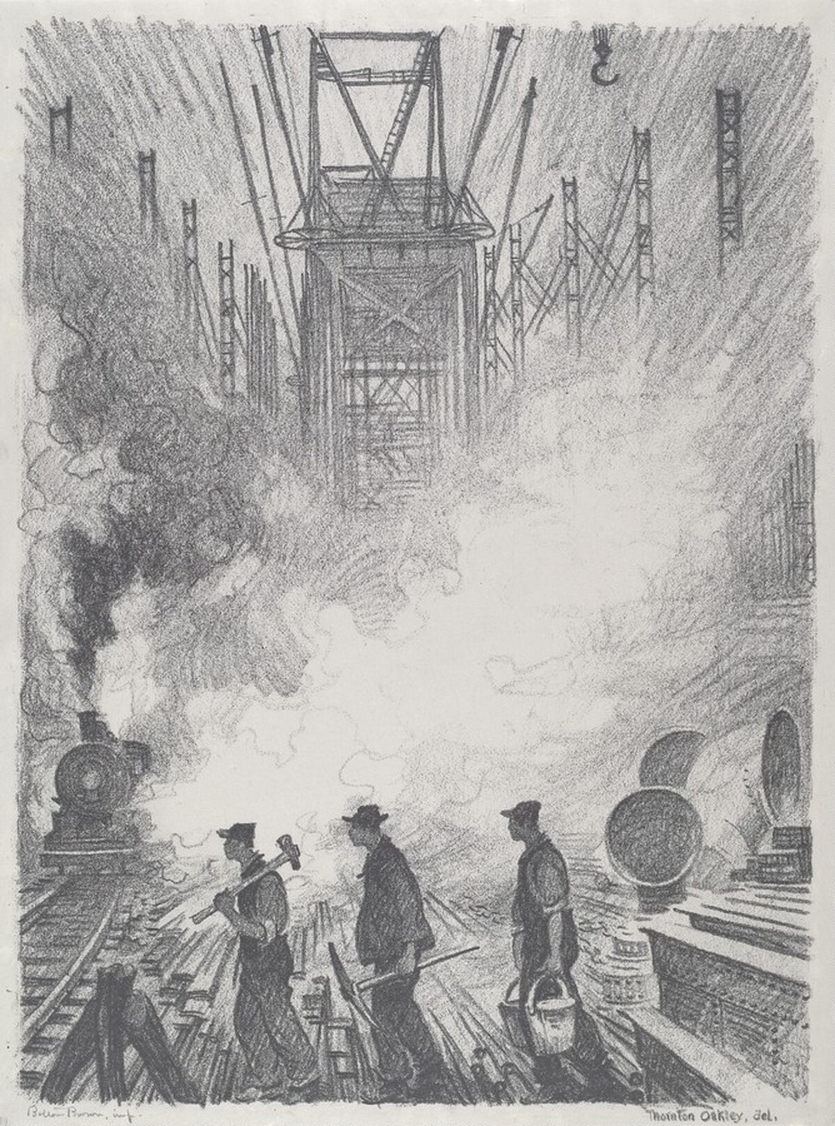 Hog Island.  Workmen, Scaffoldings and Derricks by Thornton Oakley