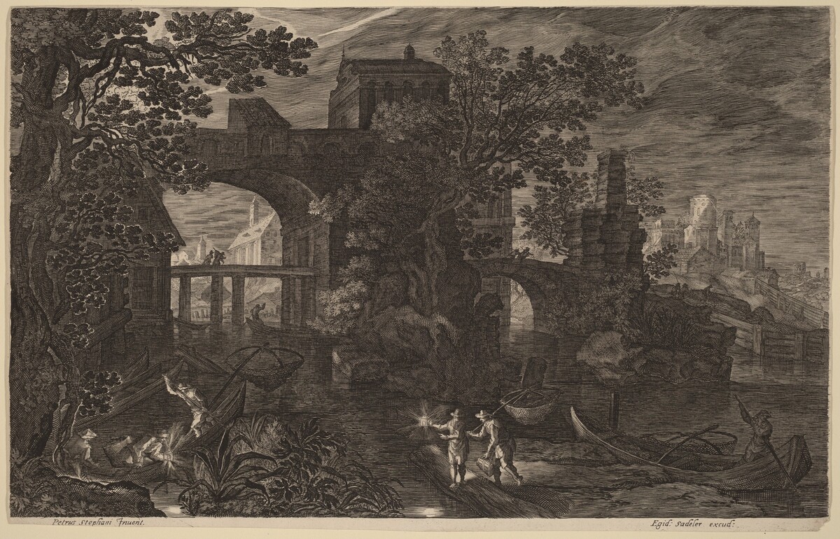 Nocturnal Landscape with River Fishermen outside City Walls by Aegidius Sadeler II after Pieter Stevens