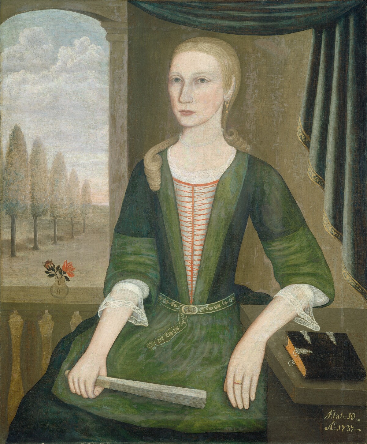 Young Lady with a Fan by The Gansevoort Limner (Possibly Pieter Vanderlyn)
