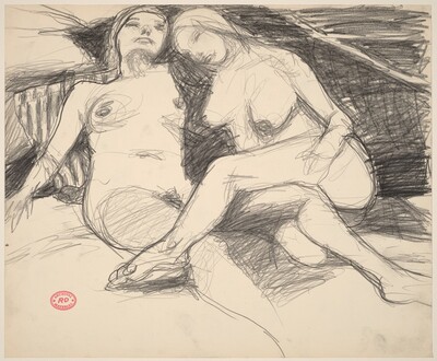 Untitled [two reclining female nudes with a striped pillow]