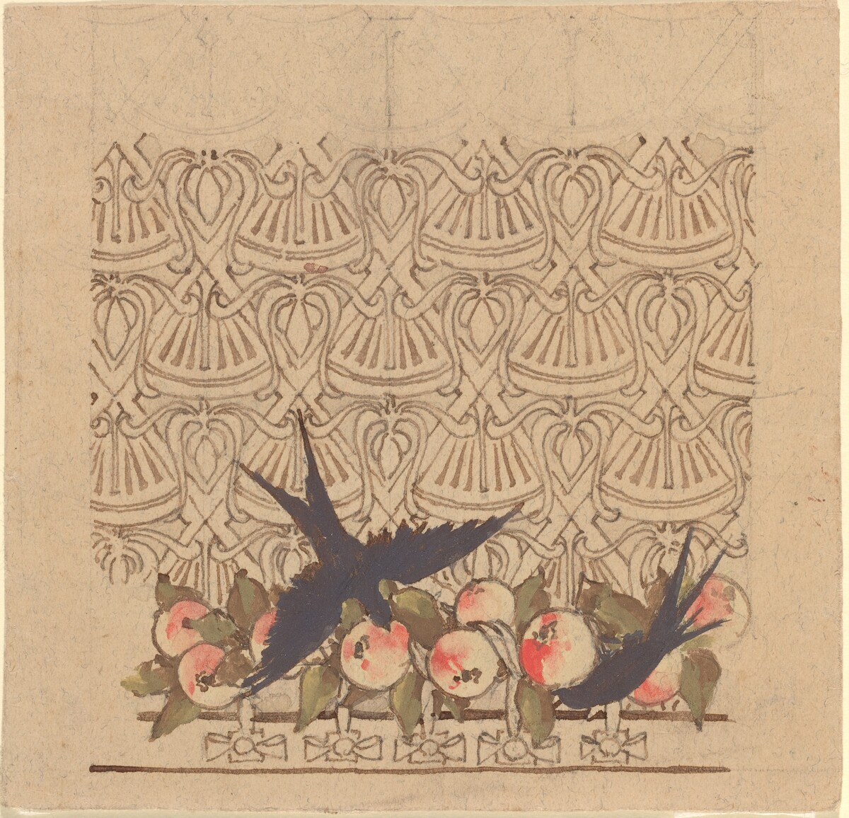 Ornamental design with two birds pecking at fruit by Karel Vitezslav Masek