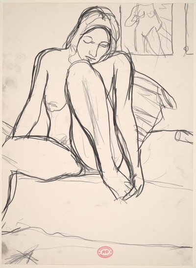 Untitled [seated nude examining her left foot]