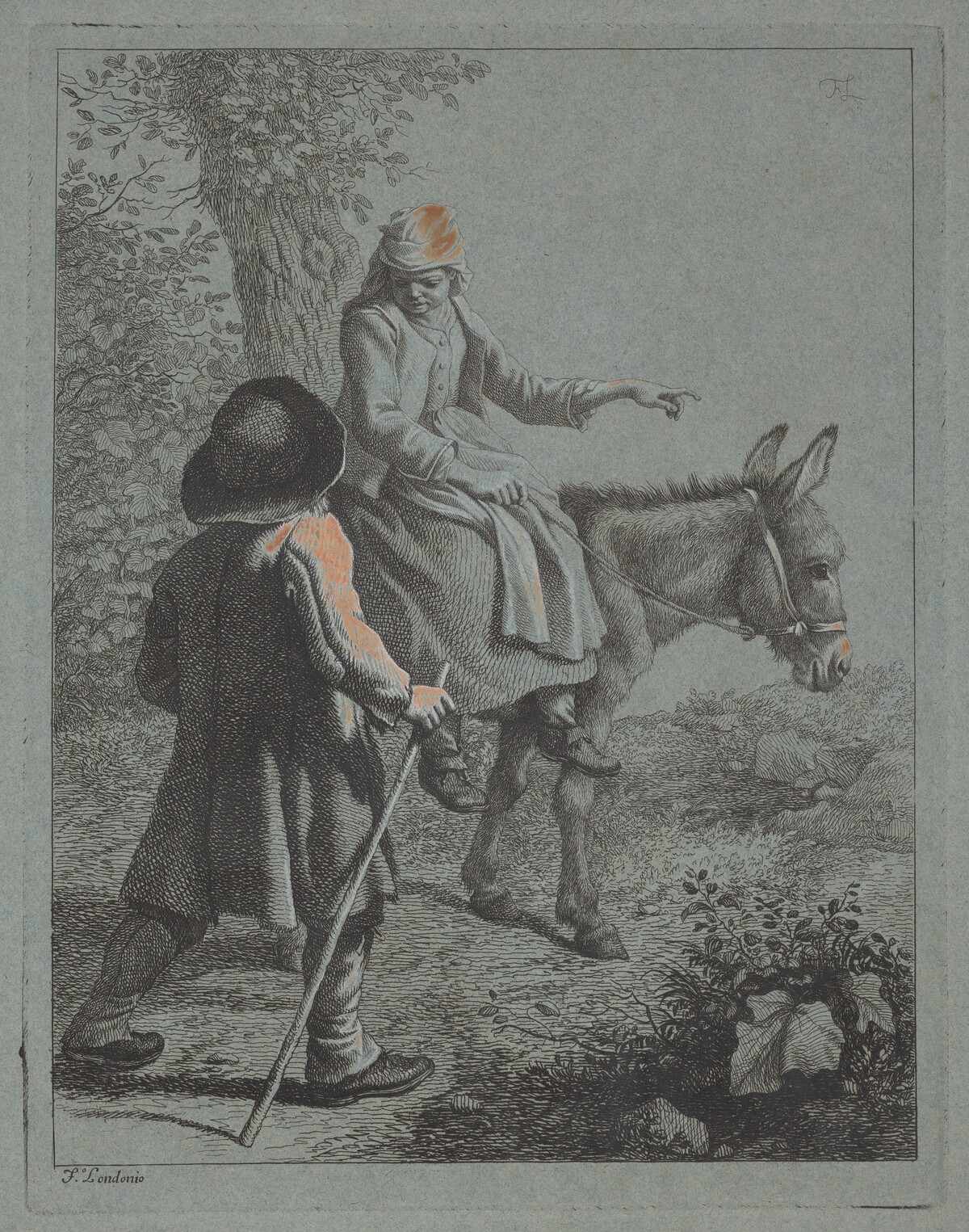 Peasant Woman Seated on a Donkey and a Peasant Man by Francesco Londonio