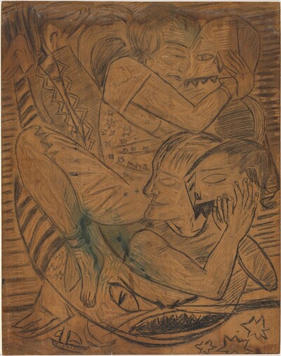Unfinished woodblock carving for Self-Portrait with Naila as Circus Performers Holding Masks and Reclining on a Sea Monster