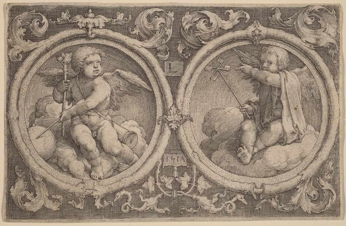 Two Cupids Seated on Clouds in Two Circles by Lucas van Leyden