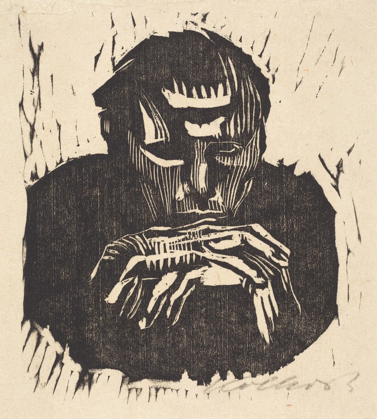 Small Male Head with Hands I (Kleiner Mannerkopf mit Handen I) by Käthe Kollwitz