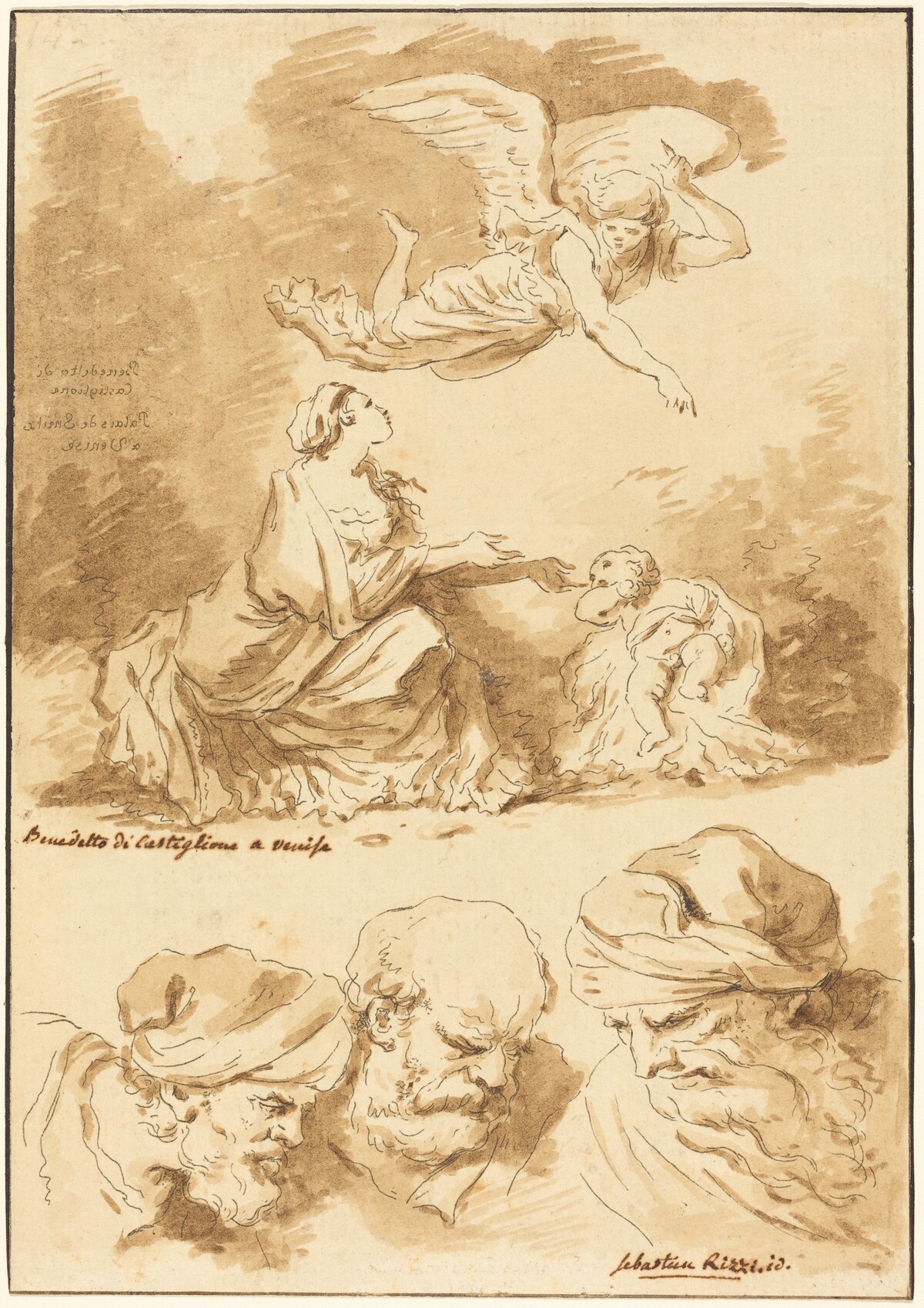 Hagar Consoled by an Angel (from a painting by Castiglione) and Three Heads of Old Men (from a painting by Ricci of Jesus and the Adultress) by Jean Claude Richard de Saint-Non after Jean-Honoré Fragonard (after Giovanni Benedetto Castiglione and Sebastiano Ricci)