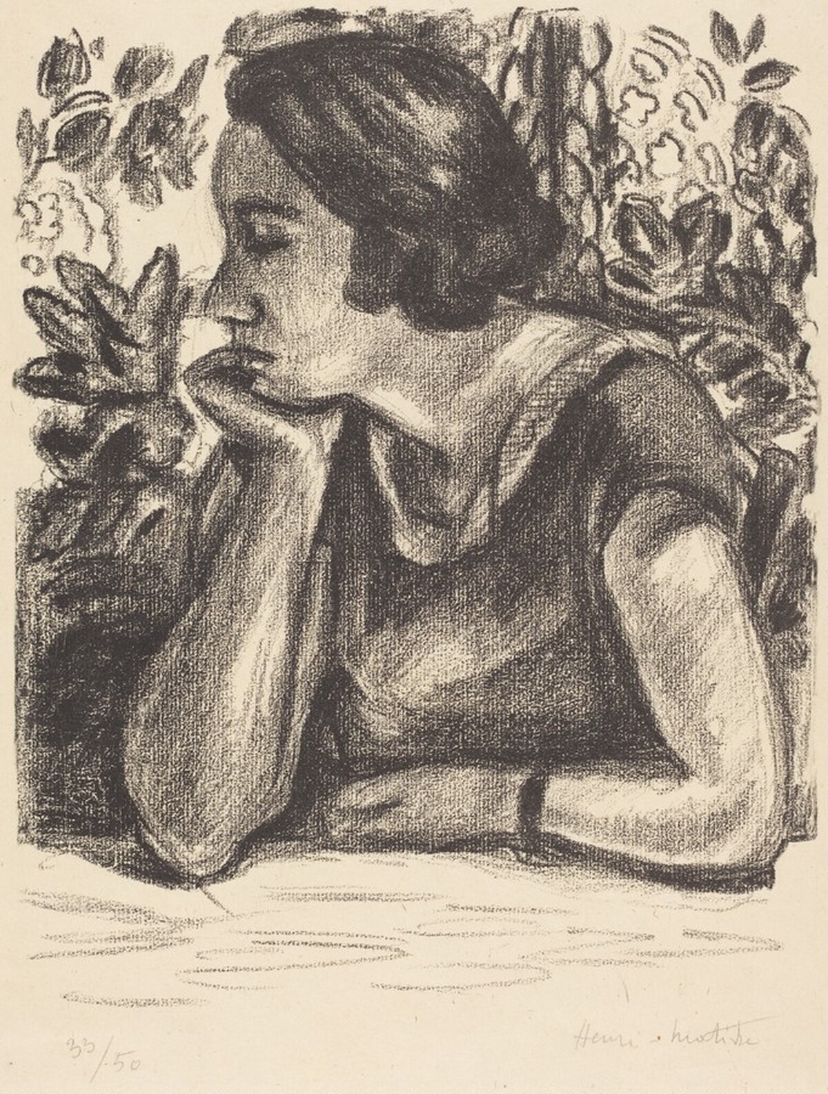 Face in Profile Resting on an Arm before a Louis XIV Screen (Visage de profil reposant sur un bras, paravent Louis XIV) by Henri Matisse