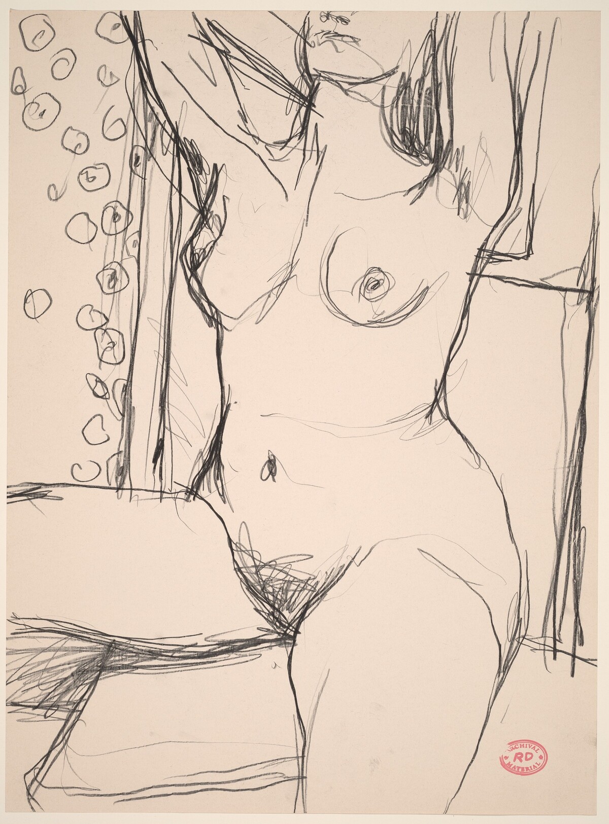 Untitled [nose-to-knee view of a seated nude with her arms raised] by Richard Diebenkorn