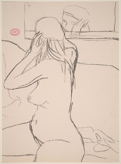 Untitled [female nude adjusting her cap in a mirror]